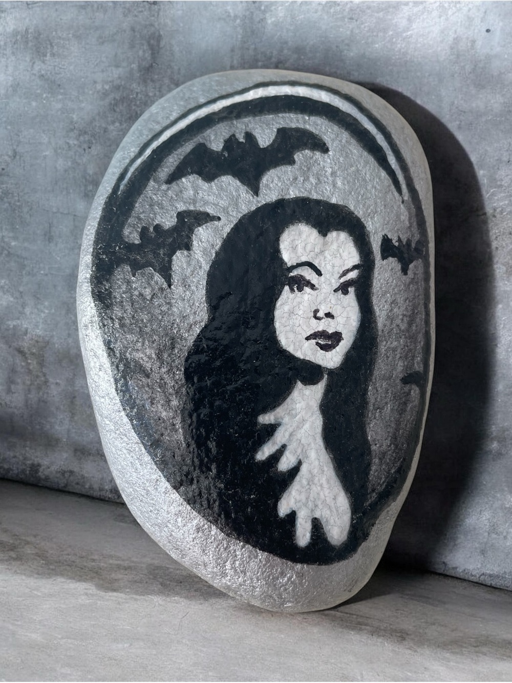 Hand Painted Gothic Woman Bats Rock Stone Halloween Spooky Decor Silver OOAK